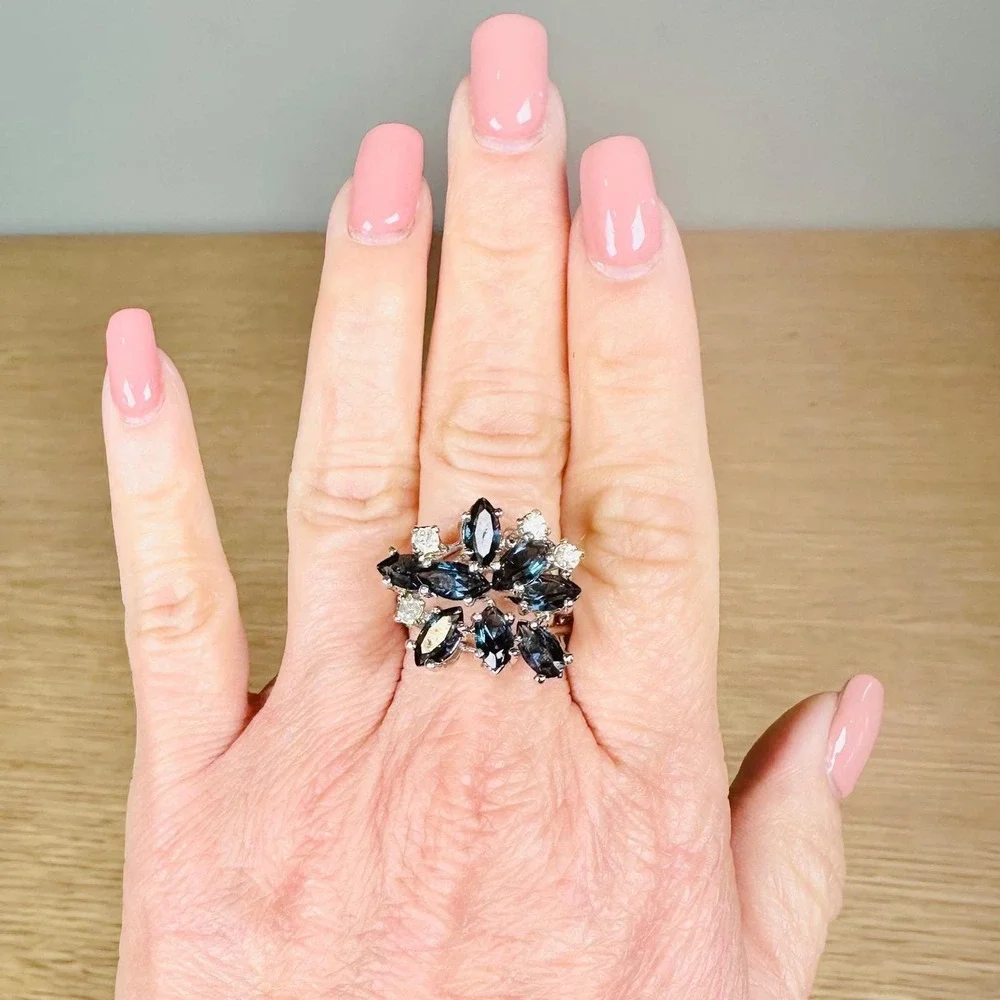 Blue Sapphire Look Cluster Ring Size 7 18K GE Rhinestone Cocktail Silver-Tone